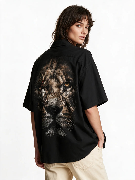 PRDGY Jakhmi sher - Rare Edition- Oversized COLLAR HALF SHIRT — back model view