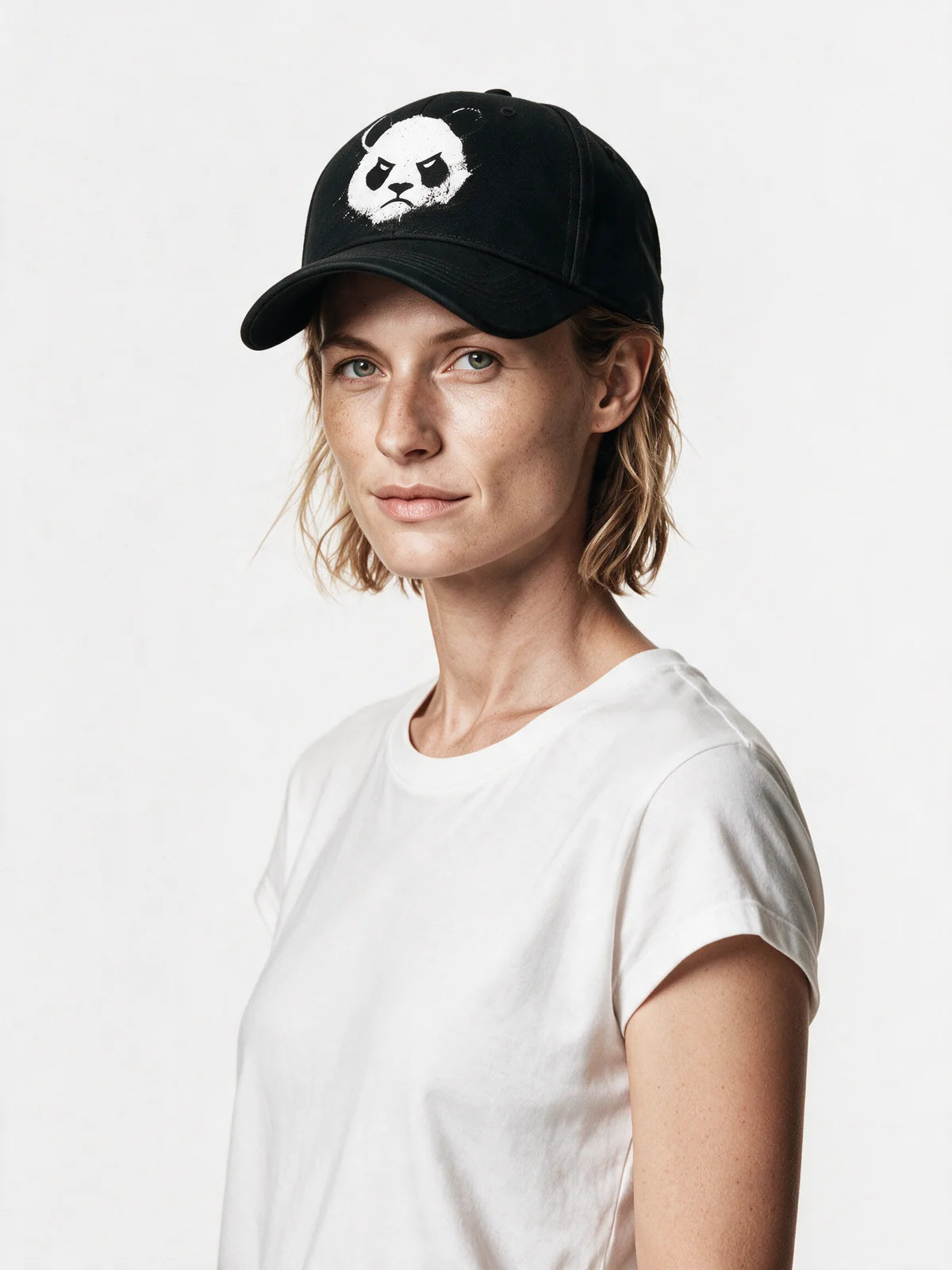 PRDGY Angry Panda Cap — three-quarter model view