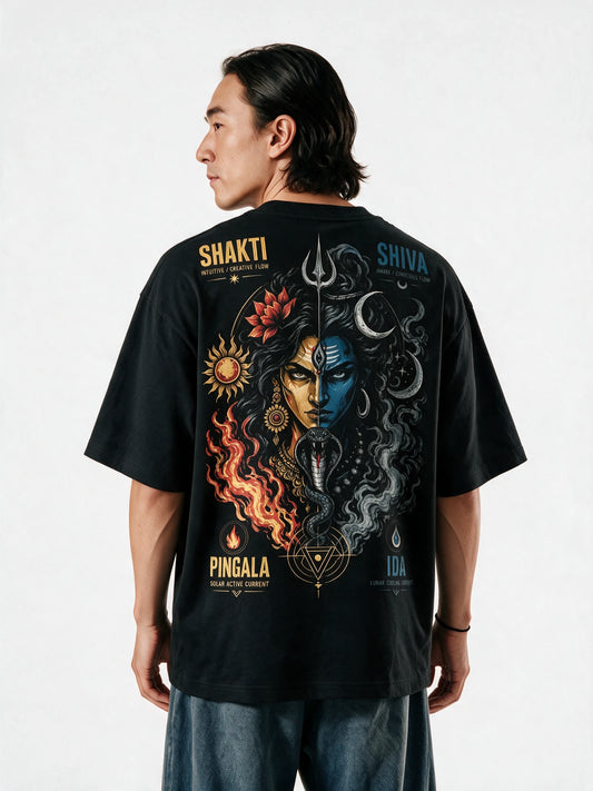 PRDGY Shakti Shiva Duality Oversized T-shirt — back-print T-shirt on model