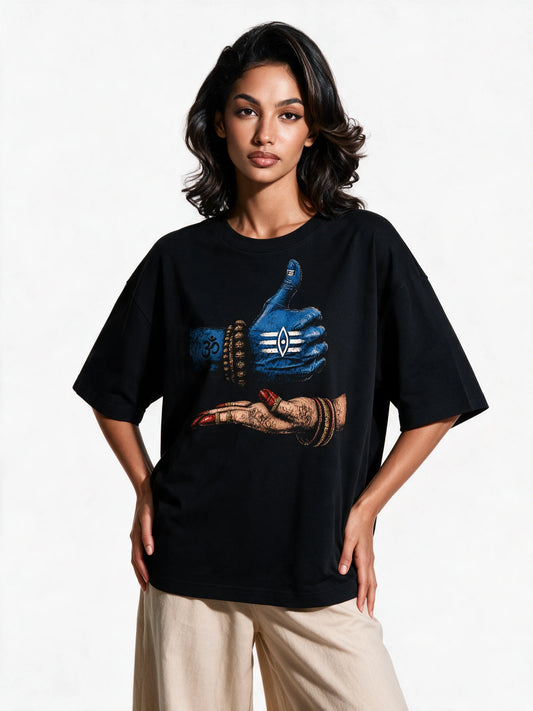 PRDGY Shiva mudra Oversized T-shirt — front-print T-shirt on model