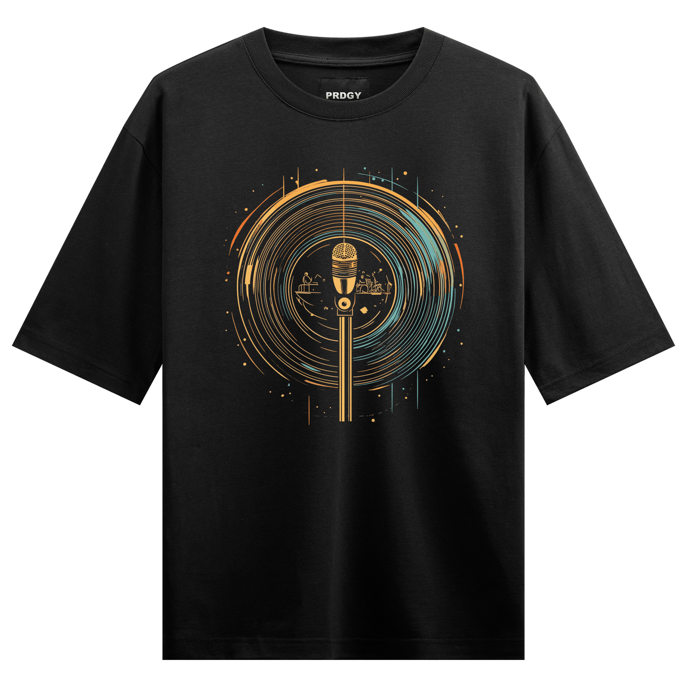 Microphone artwork on PRDGY oversized t-shirt