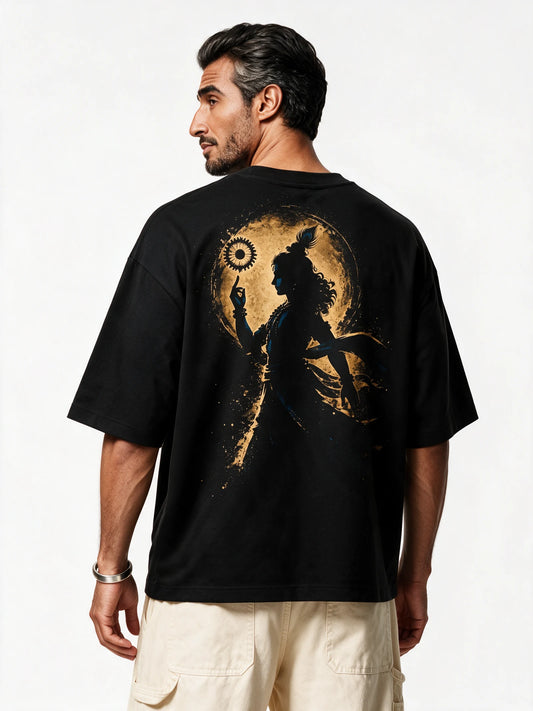 PRDGY Sudarshan Oversized T-Shirt — back-print T-shirt on model