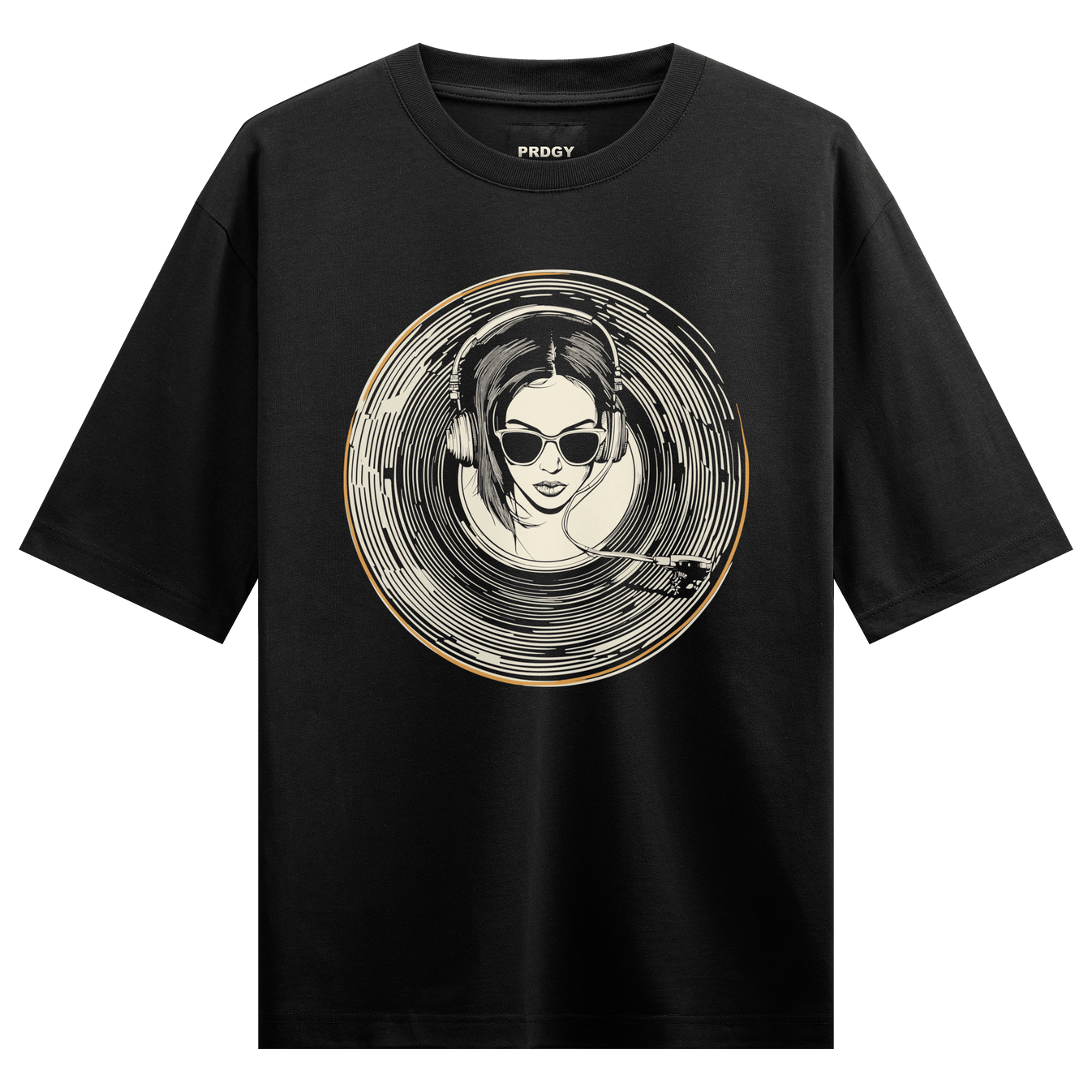 DJ Girl artwork on PRDGY oversized t-shirt