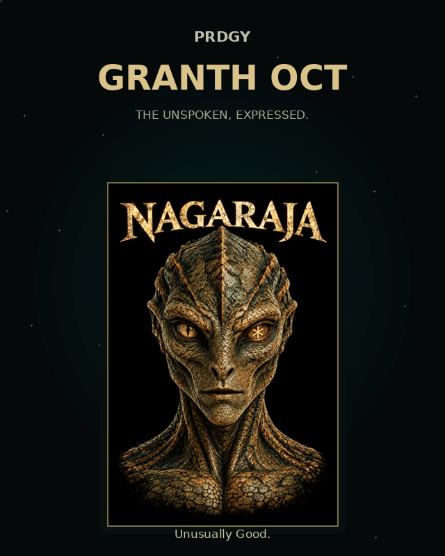 Granth Oct — NAGARAJA artwork in a dark emerald and antique-gold depth-motion cover