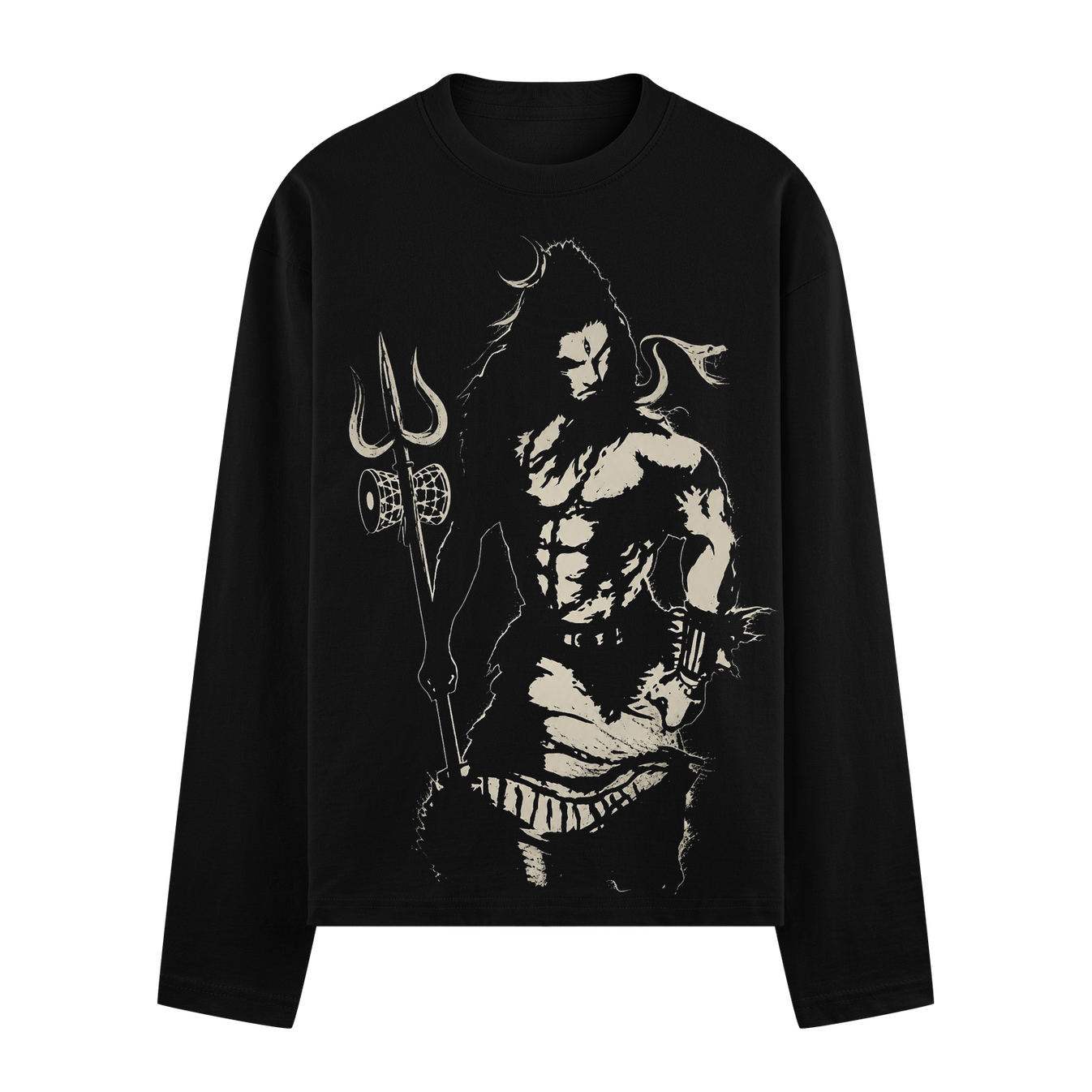 A striking cream linework illustration of a muscular Lord Shiva with a trident and serpent on a black t-shirt background o...