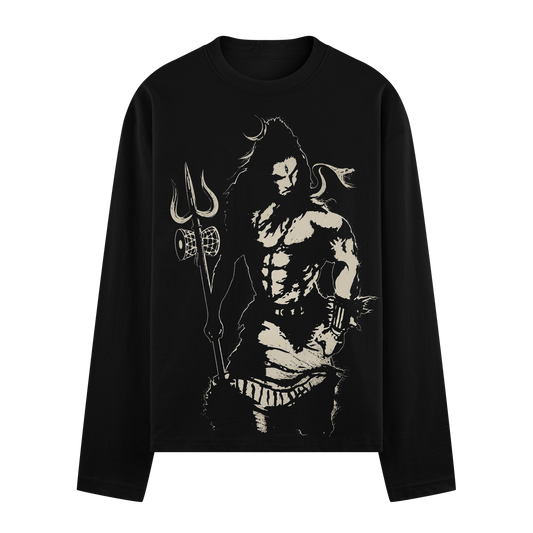 A striking cream linework illustration of a muscular Lord Shiva with a trident and serpent on a black t-shirt background o...