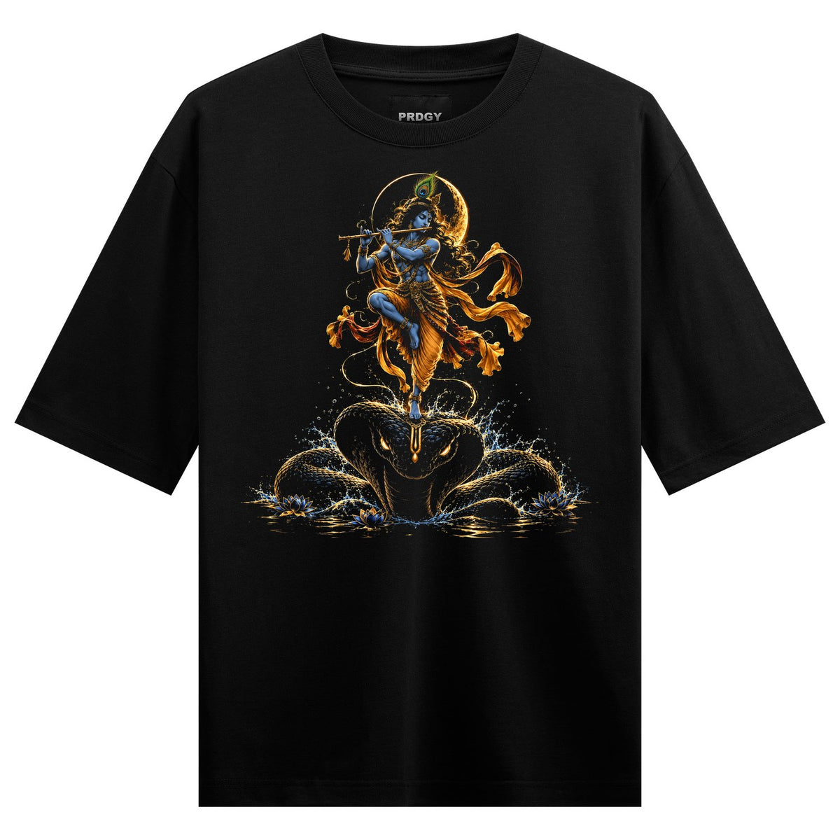 A blue-skinned deity with a peacock feather plays a flute standing on a large dark serpent with golden accents surrounded...