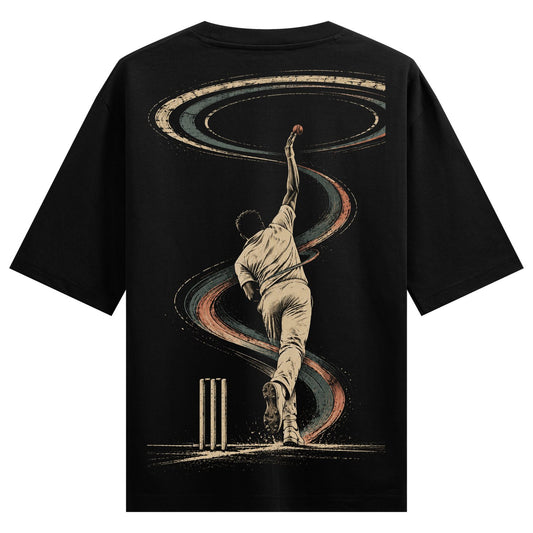 Boss of Firki Oversized T-Shirt — a bowler in white cricket attire is depicted in motion, with swirling lines and stumps