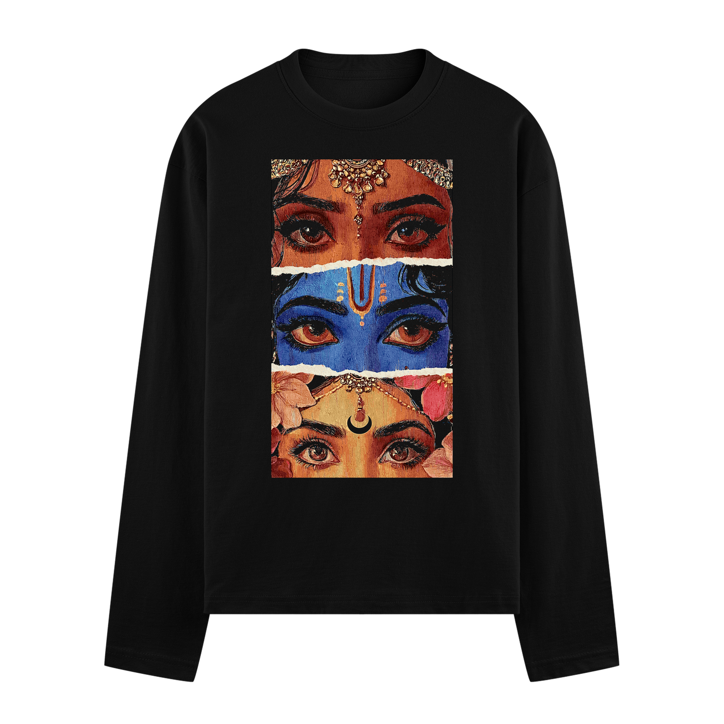Vedic Eyes Full Sleeve T-Shirt by PRDGY — bold graphic of eyes inspired by Vedic art, streetwear design.