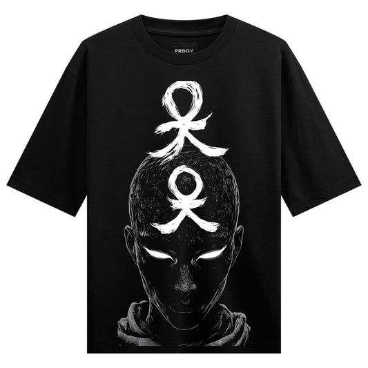 A black t-shirt features a monochromatic portrait of a head with glowing white eyes and two white stylized symbols above i...