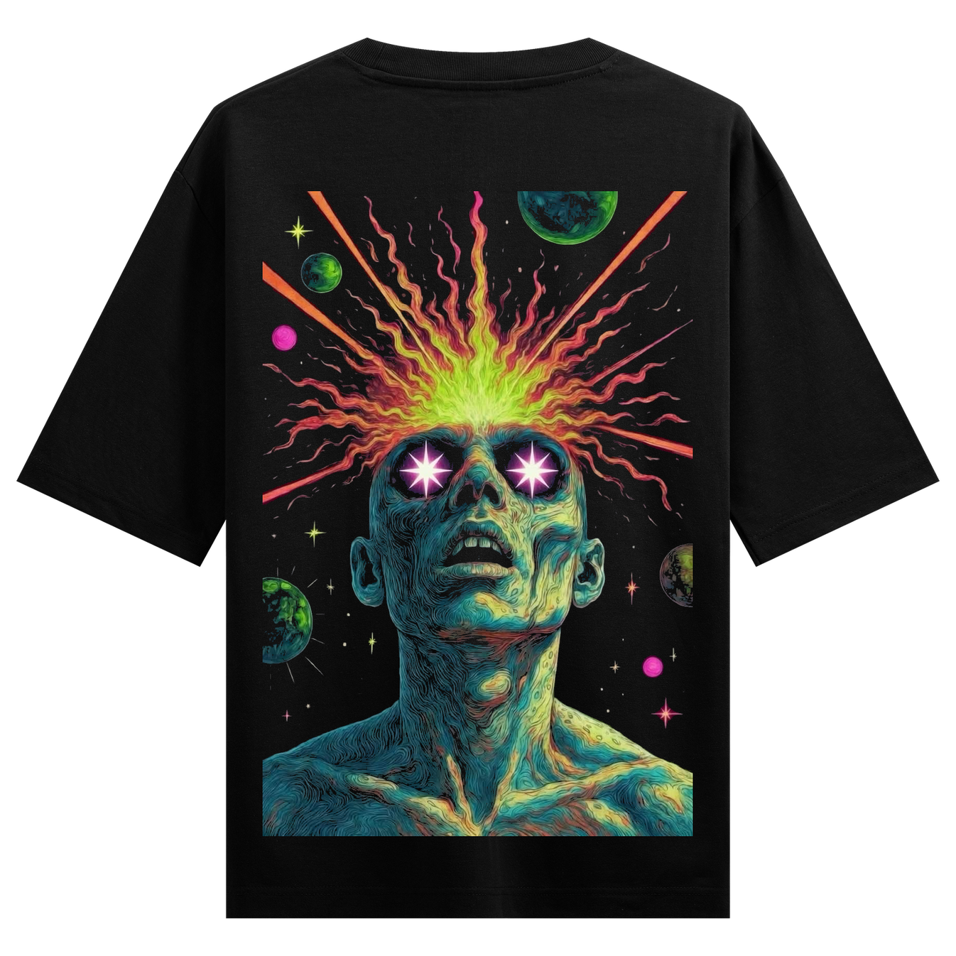 Bhsdafaad Experience Oversized T-Shirt by PRDGY — surreal design with cosmic energy and planets, cosmic design
