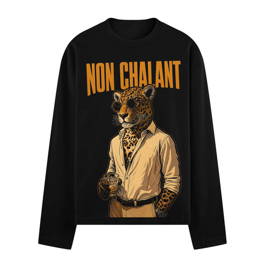 A leopard wearing sunglasses and a tan button-up shirt holding a glass with a drink with the text NON CHALANT above on PRD...