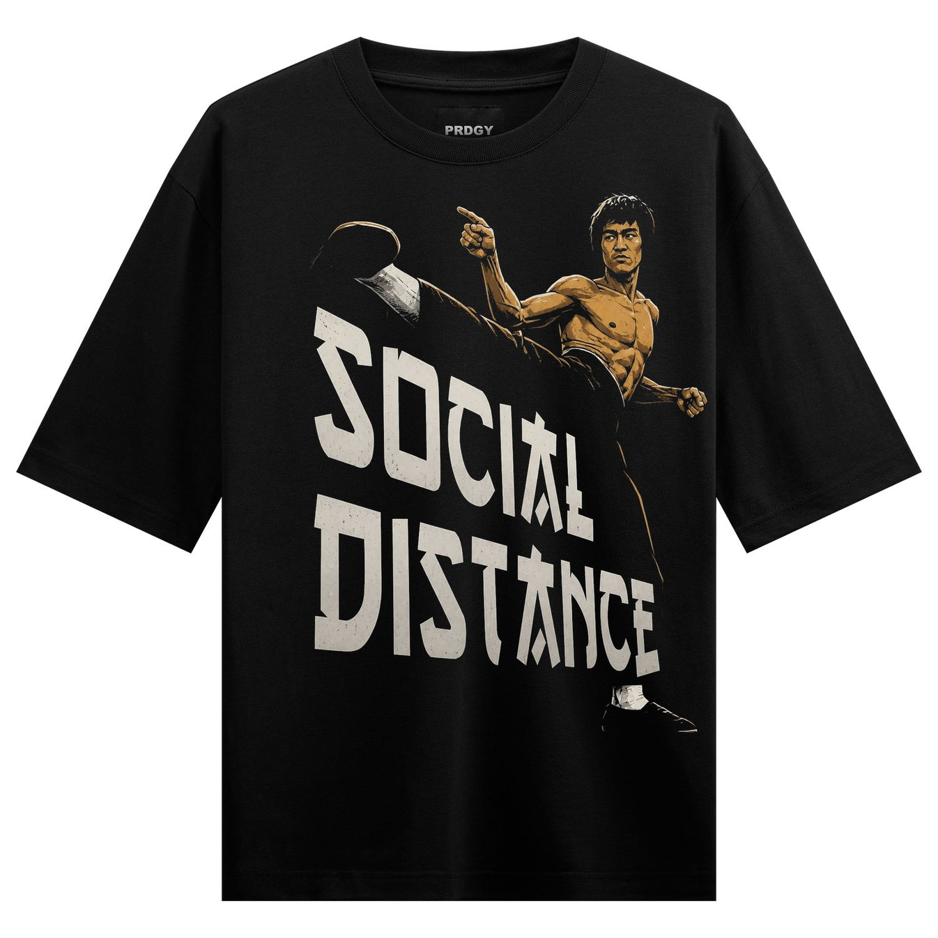 Dur Se Oversized T-Shirt by PRDGY — Bruce Lee flying kick graphic, indian culture design
