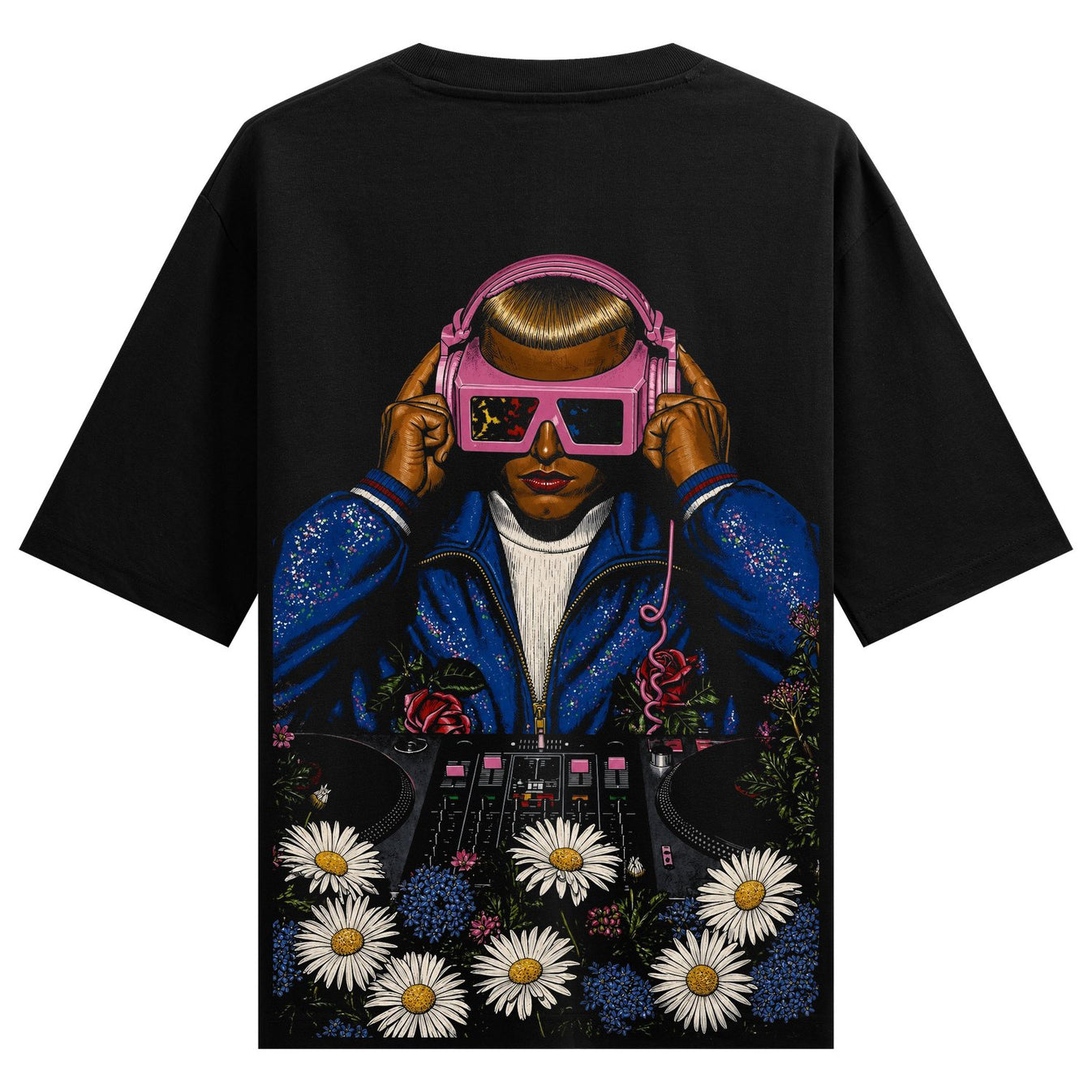 A person wearing pink headphones and a blue sequined jacket stands behind a DJ deck with daisies and roses blooming around...