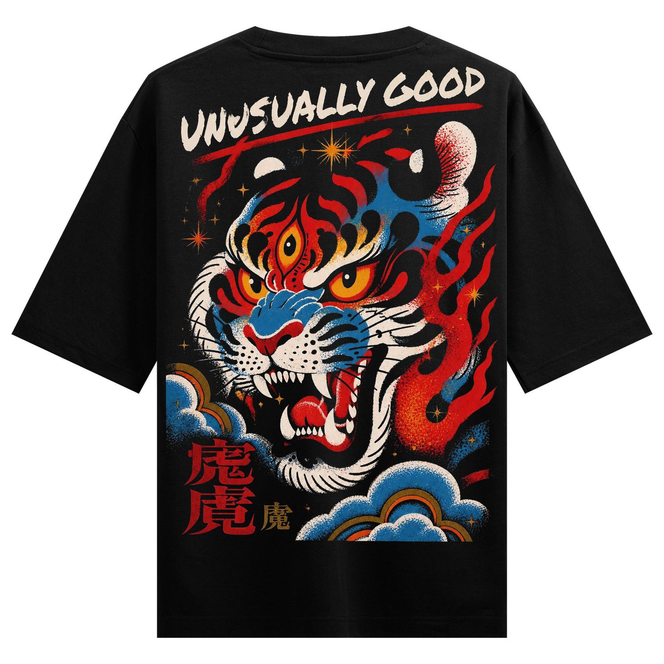 A black t-shirt back print features a stylized tiger face with red eyes and blue accents surrounded by red and orange flam...