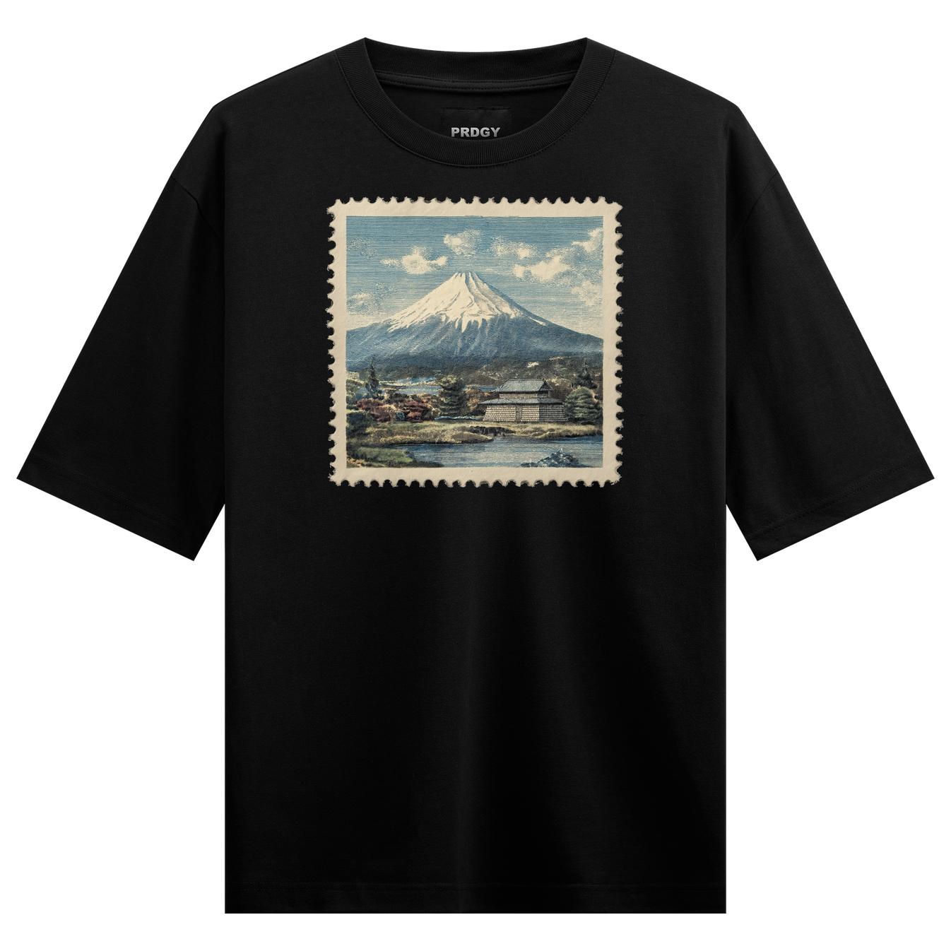 Mount Fuji Stamp Oversized T-Shirt by PRDGY — vintage Japanese stamp design featuring Mount Fuji, streetwear design
