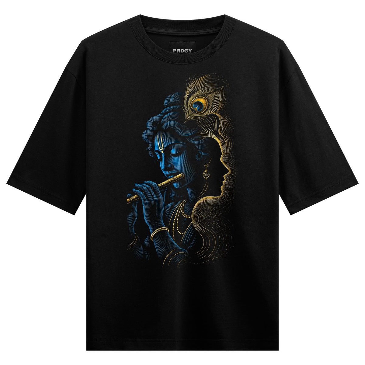 A blue-skinned figure playing a flute adorned with a golden outline and a peacock feather set against a black background o...