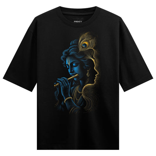A blue-skinned figure playing a flute adorned with a golden outline and a peacock feather set against a black background o...