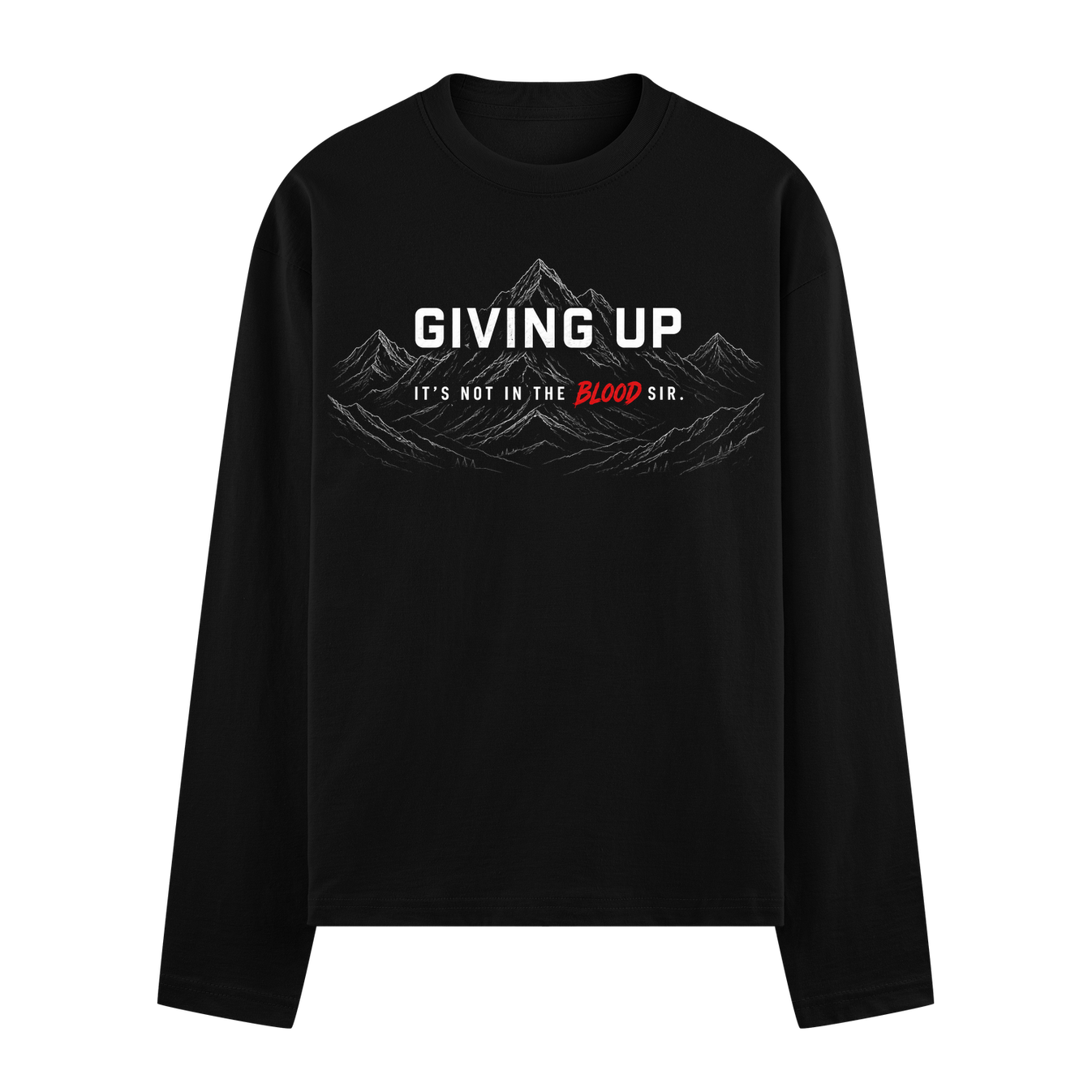 A black full sleeve t-shirt features a detailed white mountain range graphic with bold white text above and red text below...