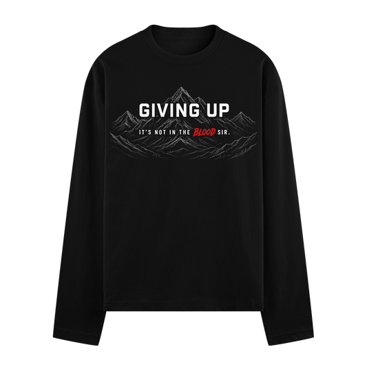 A black full sleeve t-shirt features a detailed white mountain range graphic with bold white text above and red text below...