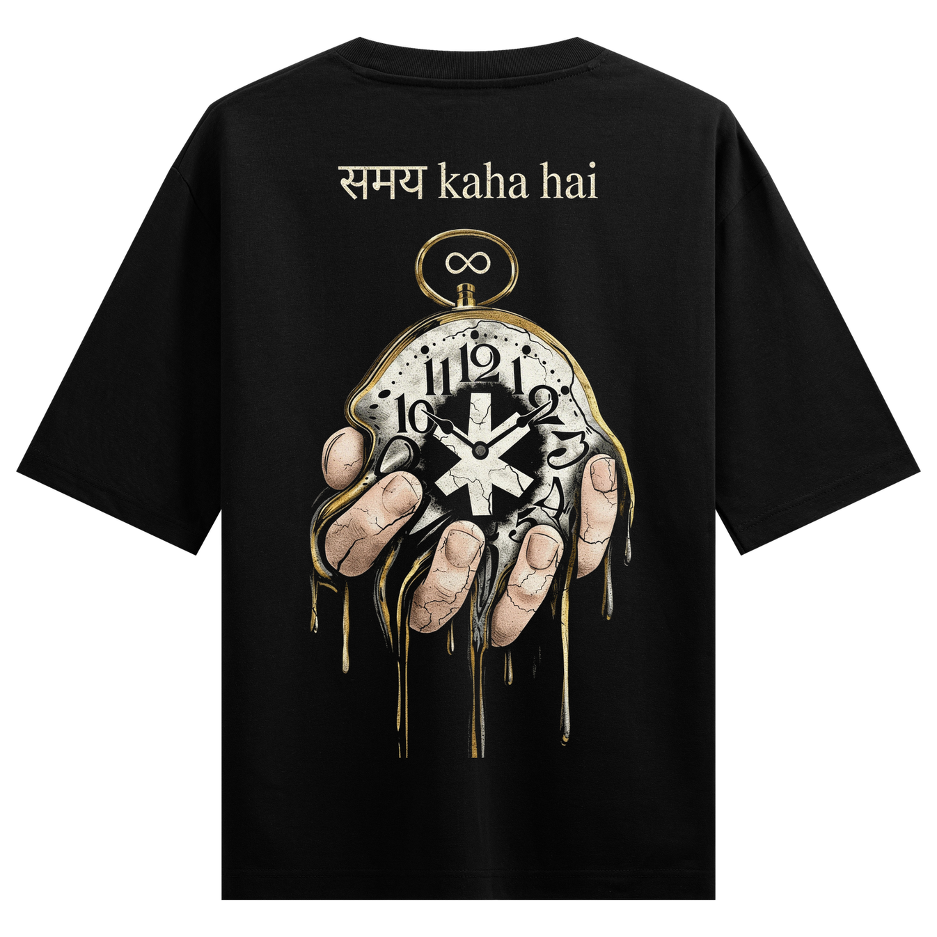 Delusional Time Oversized T-Shirt by PRDGY — melting clock graphic with Hindi text, surreal design