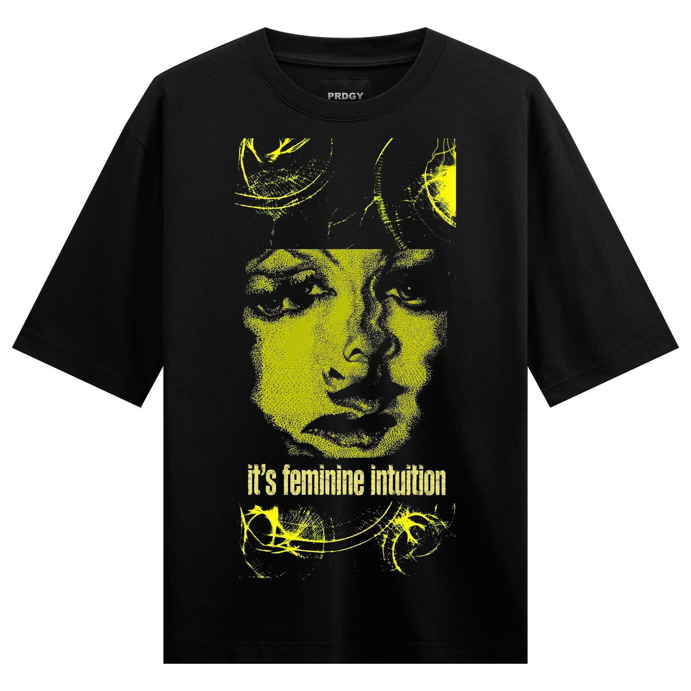 A black t-shirt features a distressed yellow portrait of a woman s face with abstract yellow swirls and text on PRDGY over...