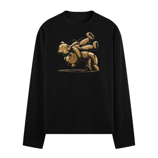 Two brown cartoon teddy bears in a backflip pose on a black t-shirt on PRDGY oversized full sleeve t-shirt