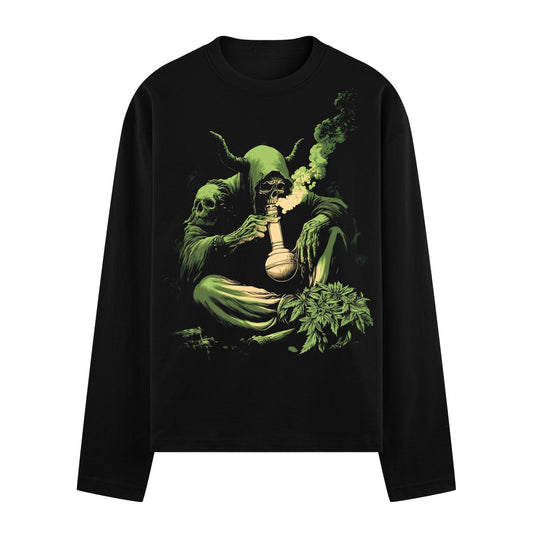 A skeletal figure with horns and a hooded robe sits smoking a bong with green smoke and cannabis leaves nearby on PRDGY ov...