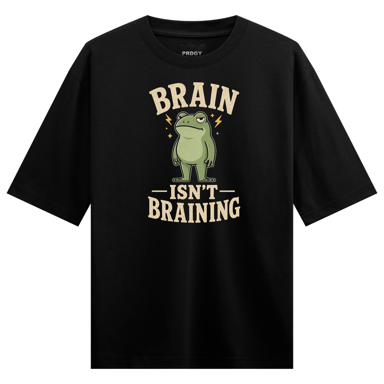 Not Today Brain T-Shirt by PRDGY — Cute green frog character with 'Brain Isn't Braining' text and lightning bolt accents,