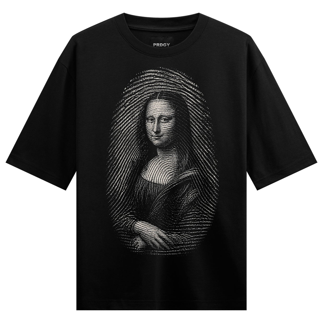 A black t-shirt featuring the Mona Lisa portrait created with white concentric fingerprint lines within an oval shape on P...