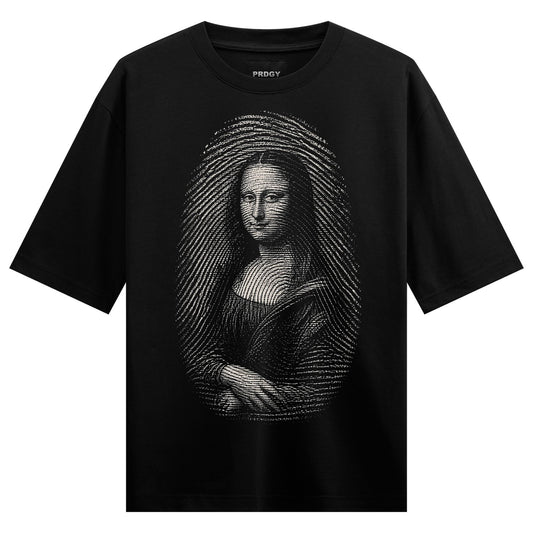 A black t-shirt featuring the Mona Lisa portrait created with white concentric fingerprint lines within an oval shape on P...