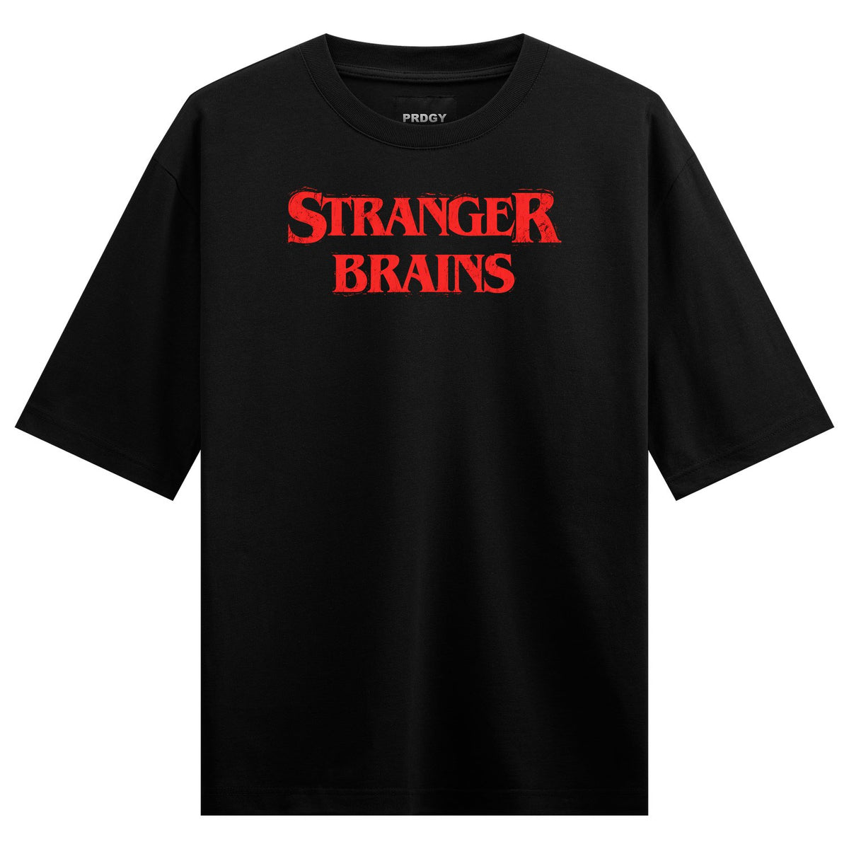 Stranger Brains Oversized T-Shirt — bold red text reading 'STRANGER BRAINS' in a stylized font centered on the chest