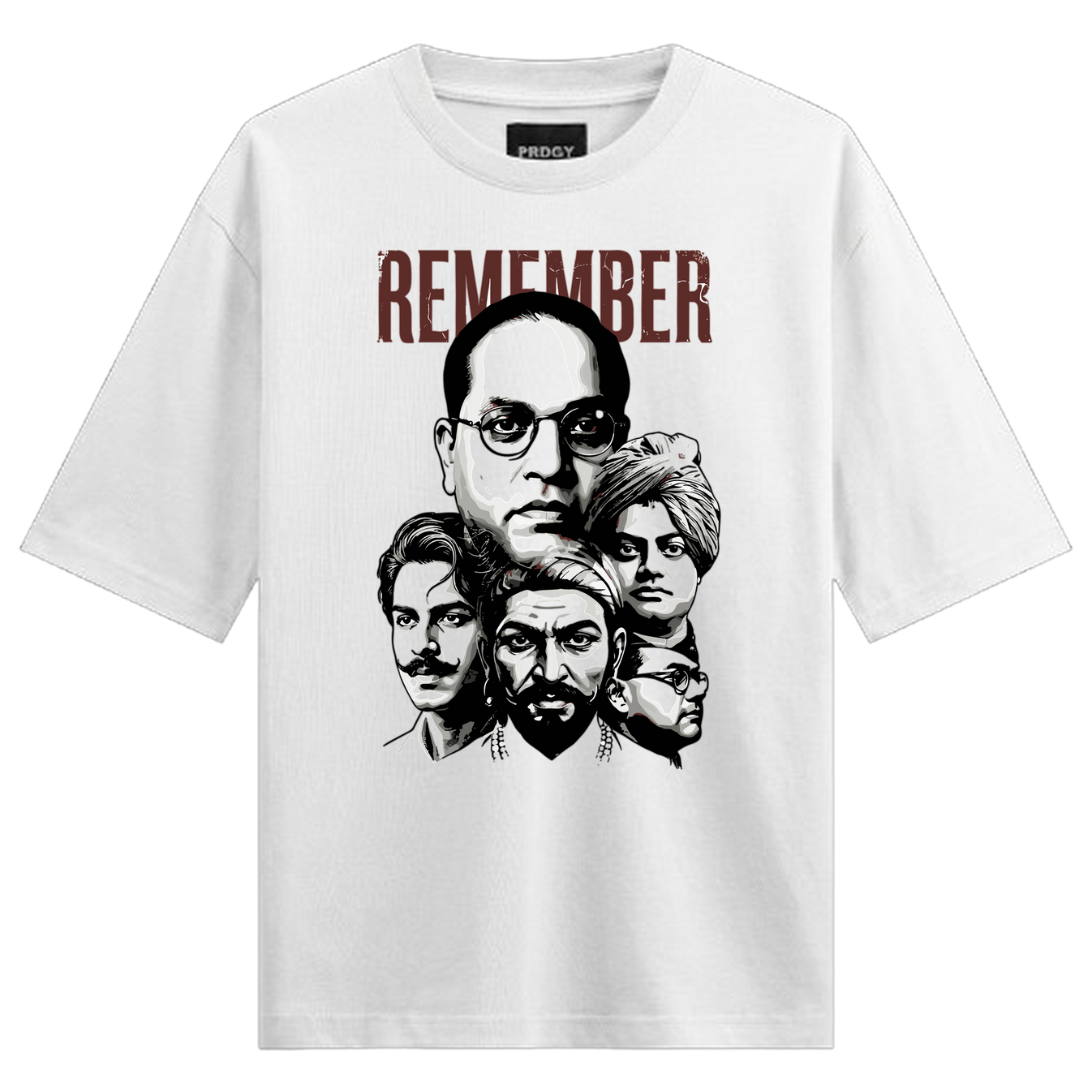 Remember Legacy Oversized T-Shirt by PRDGY — black and white portrait of five Indian men, motivational design