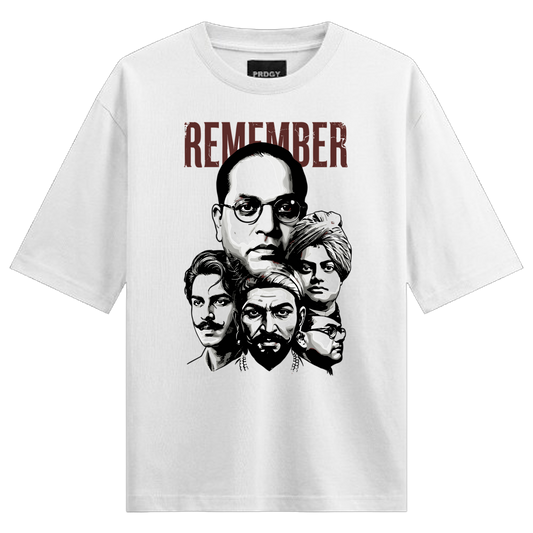 Remember Legacy Oversized T-Shirt by PRDGY — black and white portrait of five Indian men, motivational design