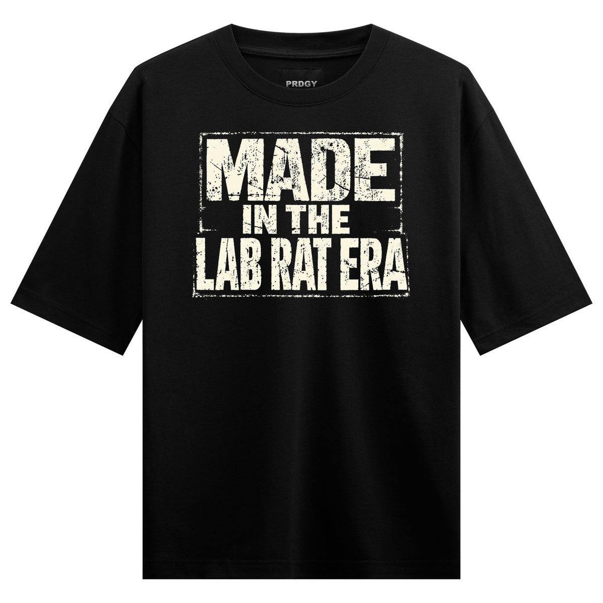 Lab Rat Era Oversized T-Shirt — Black t-shirt with white distressed block text in a rectangular box reading 'MADE IN THE LAB