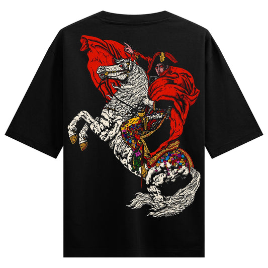 A black t-shirt features a back print of Napoleon on a white horse wearing a red cape and pointing forward with a colorful...