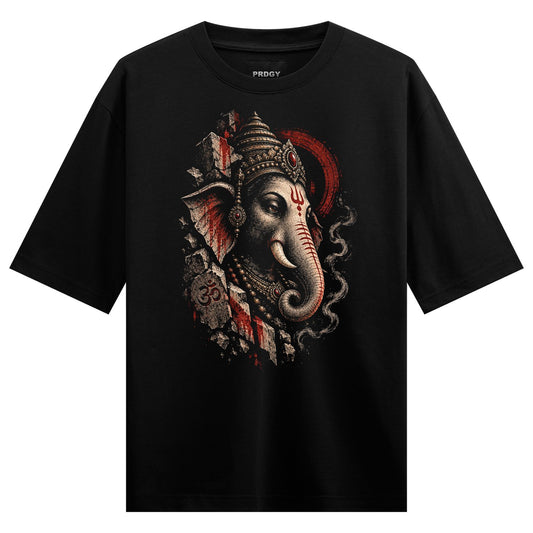 A detailed illustration of Lord Ganesha s head with a crown and red aura emerging from cracked stone texture on a black t...