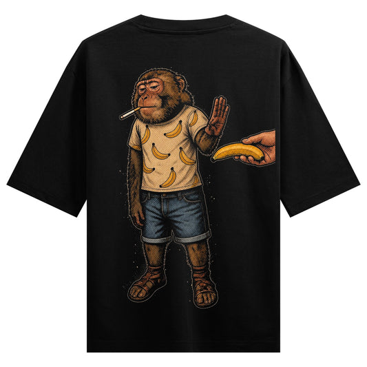 Mai alag hu Oversized T-Shirt by PRDGY — illustration of a smoking monkey in a banana-print shirt and denim shorts, humorous