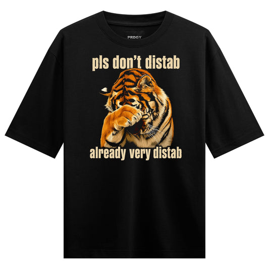A black t-shirt features a distressed tiger with orange stripes covering its face with a paw text above and below on PRDGY...