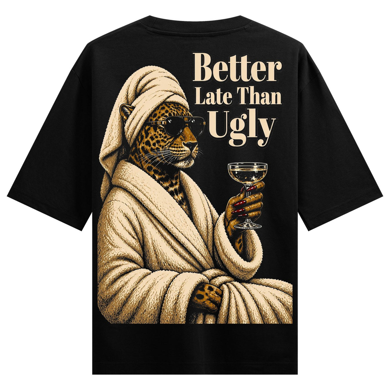 A leopard wearing sunglasses and a turban draped in a beige bathrobe holds a champagne glass with red-tipped fingers on PR...
