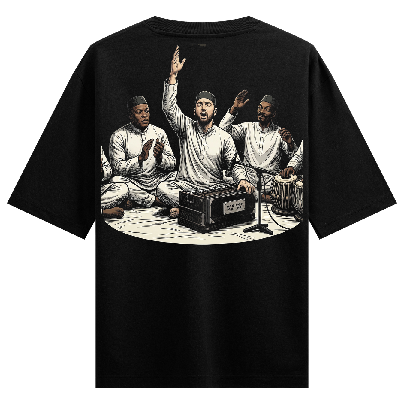hiphop Sessions Oversized T-Shirt by PRDGY — artwork of musicians in studio with traditional and modern instruments,