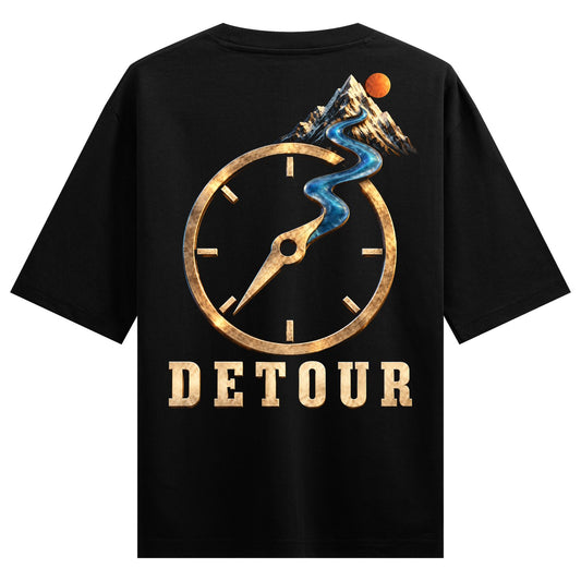 kashmir Detour Oversized T-Shirt — a clock with a river and mountains, along with the word 'DETOUR' in gold