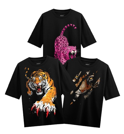 Jungle Raj T-Shirt by PRDGY — pink leopard and orange tiger with claw slashes, desi design