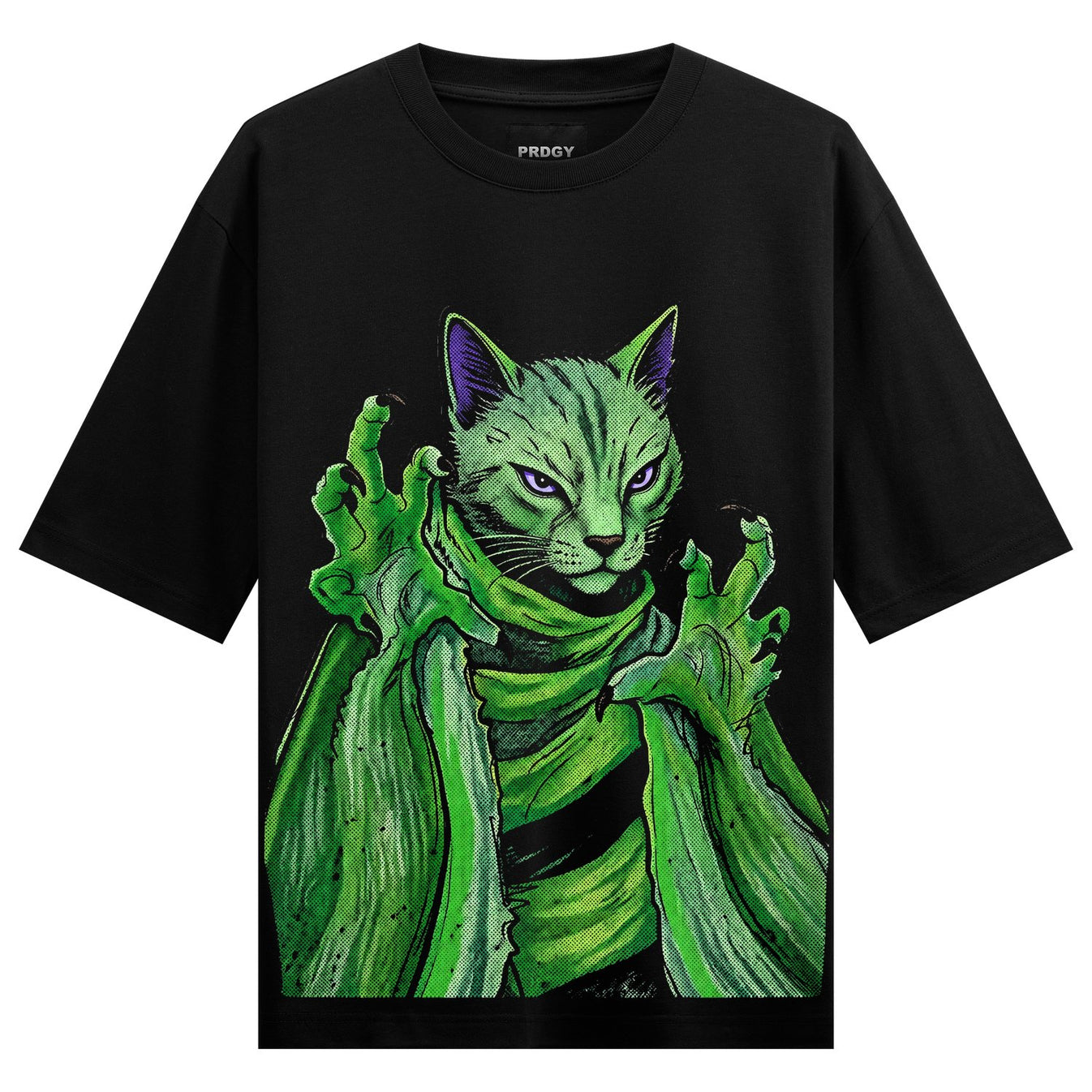 A black t-shirt features a striking illustration of a green cat with purple eyes sharp claws and a flowing green scarf on...