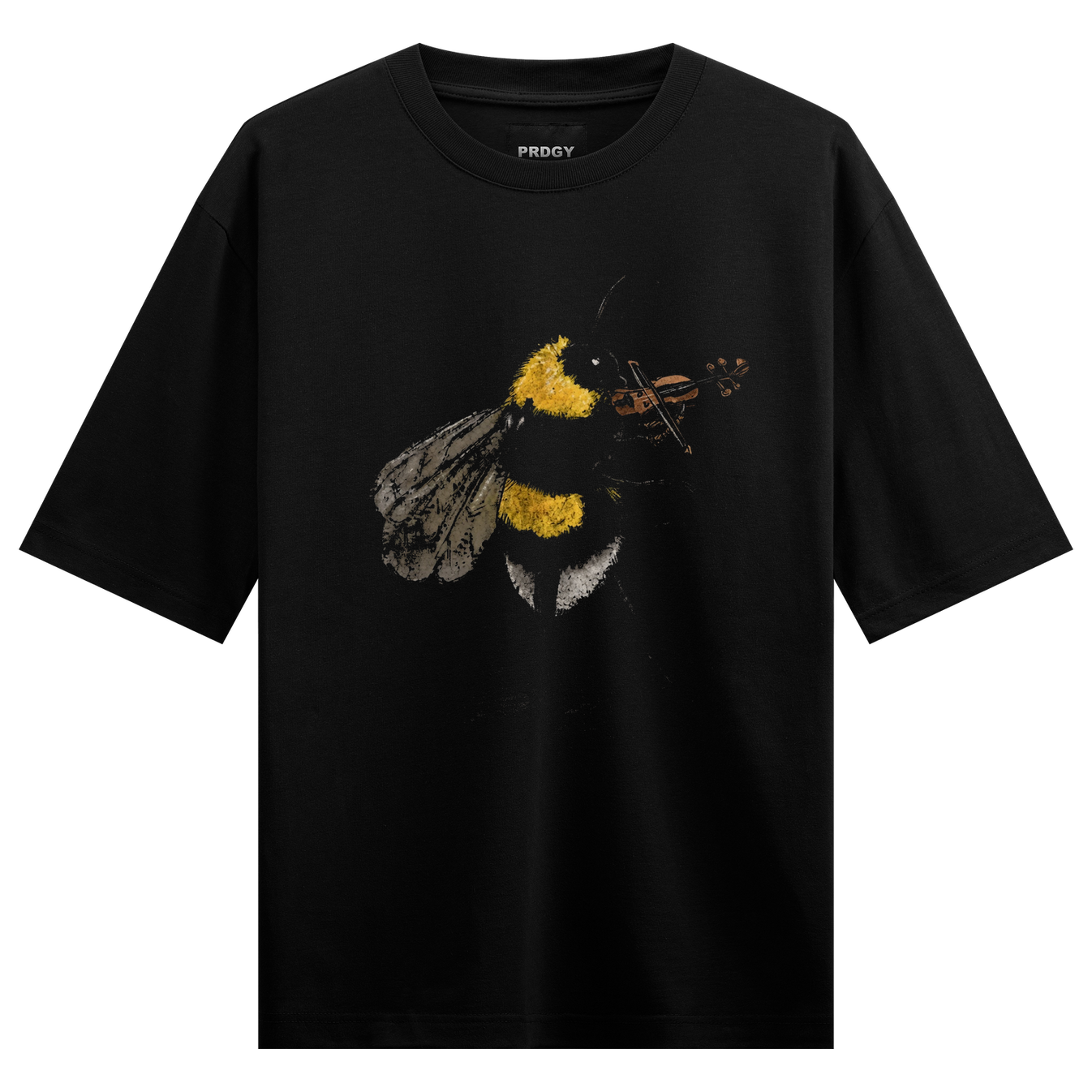 Musical Bee Oversized T-Shirt by PRDGY — bumblebee playing the violin, streetwear design