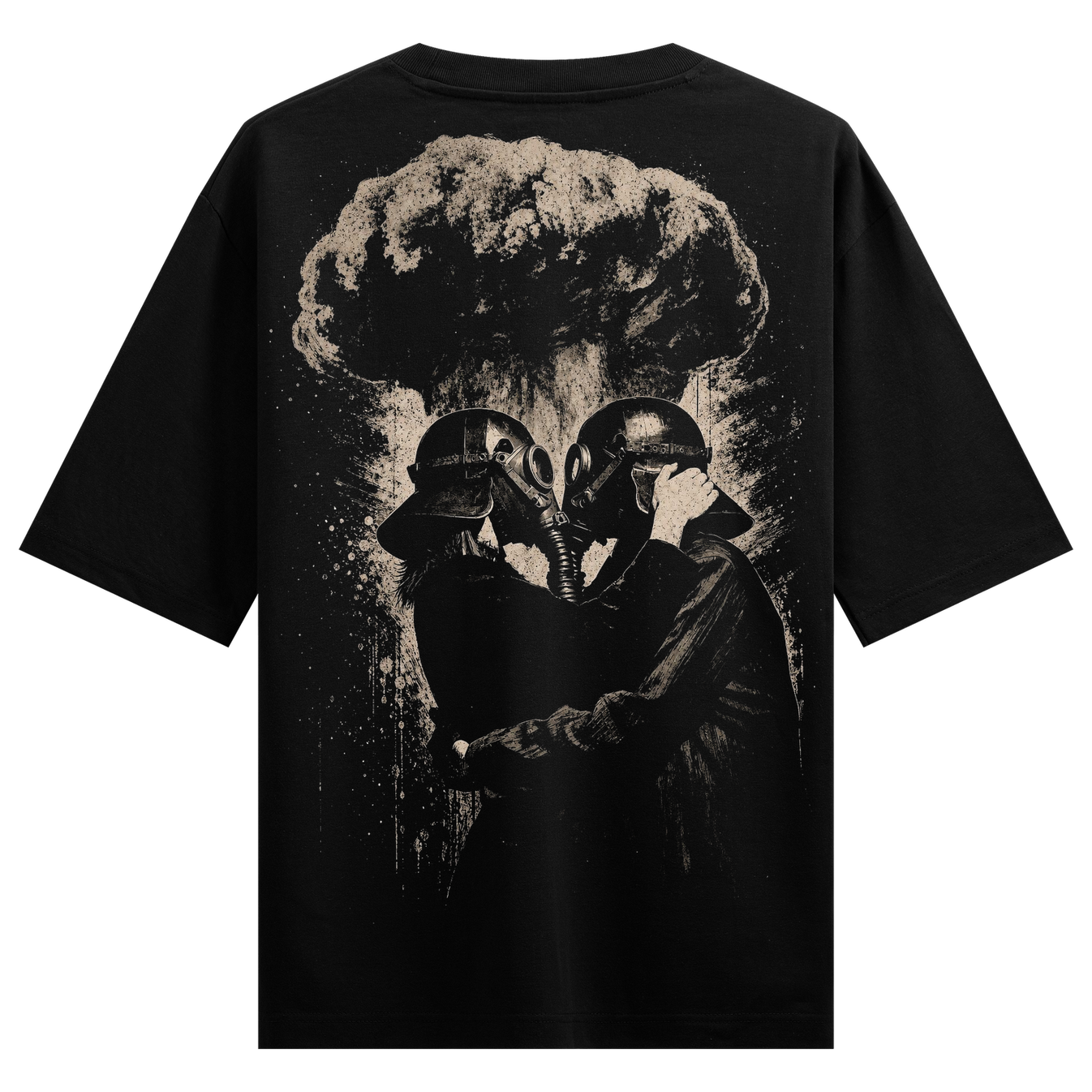 Kiss of Chaos T-Shirt by PRDGY — two figures in gas masks, dark art design
