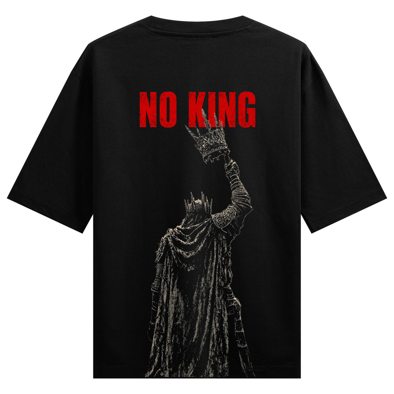 A dark robed figure with a crown held high on a black background featuring bold red text above on PRDGY oversized t-shirt
