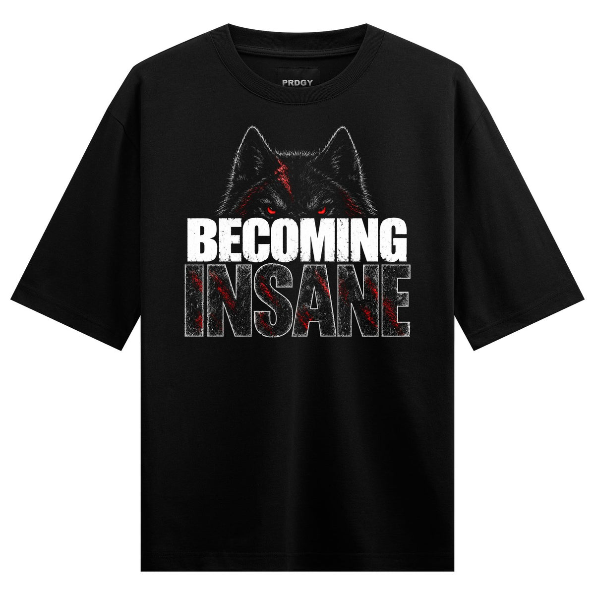 Wolf Madness Oversized T-Shirt — Black wolf head with red glowing eyes and red blood streaks above distressed white