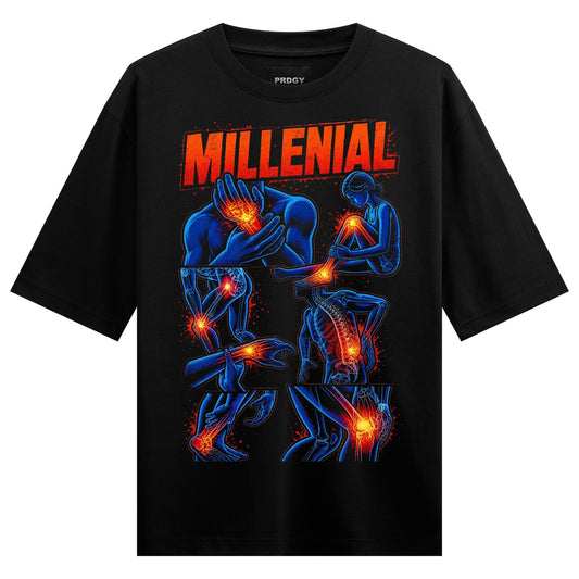 Blue anatomical figures display glowing red joints on a black t-shirt with the word MILLENIAL in bold red letters above on...