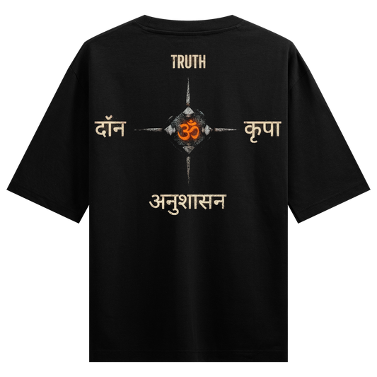 Four Pillars Oversized T-Shirt by PRDGY — Om symbol with Sanskrit text, spiritual design